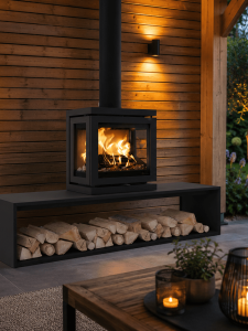 Houtkachel onder veranda
